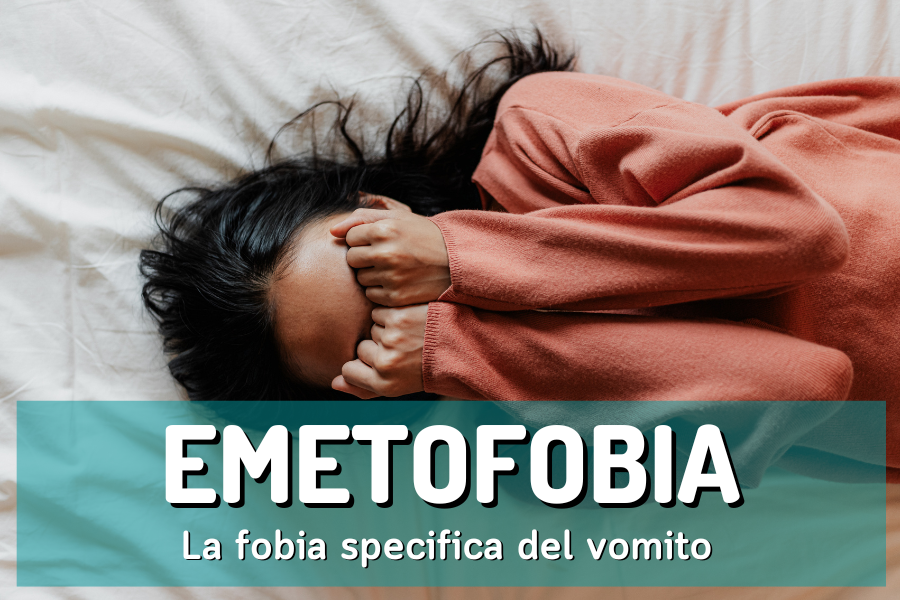 Ragazza in ansia con scritta "emetofobia: la fobia specifica del vomito"